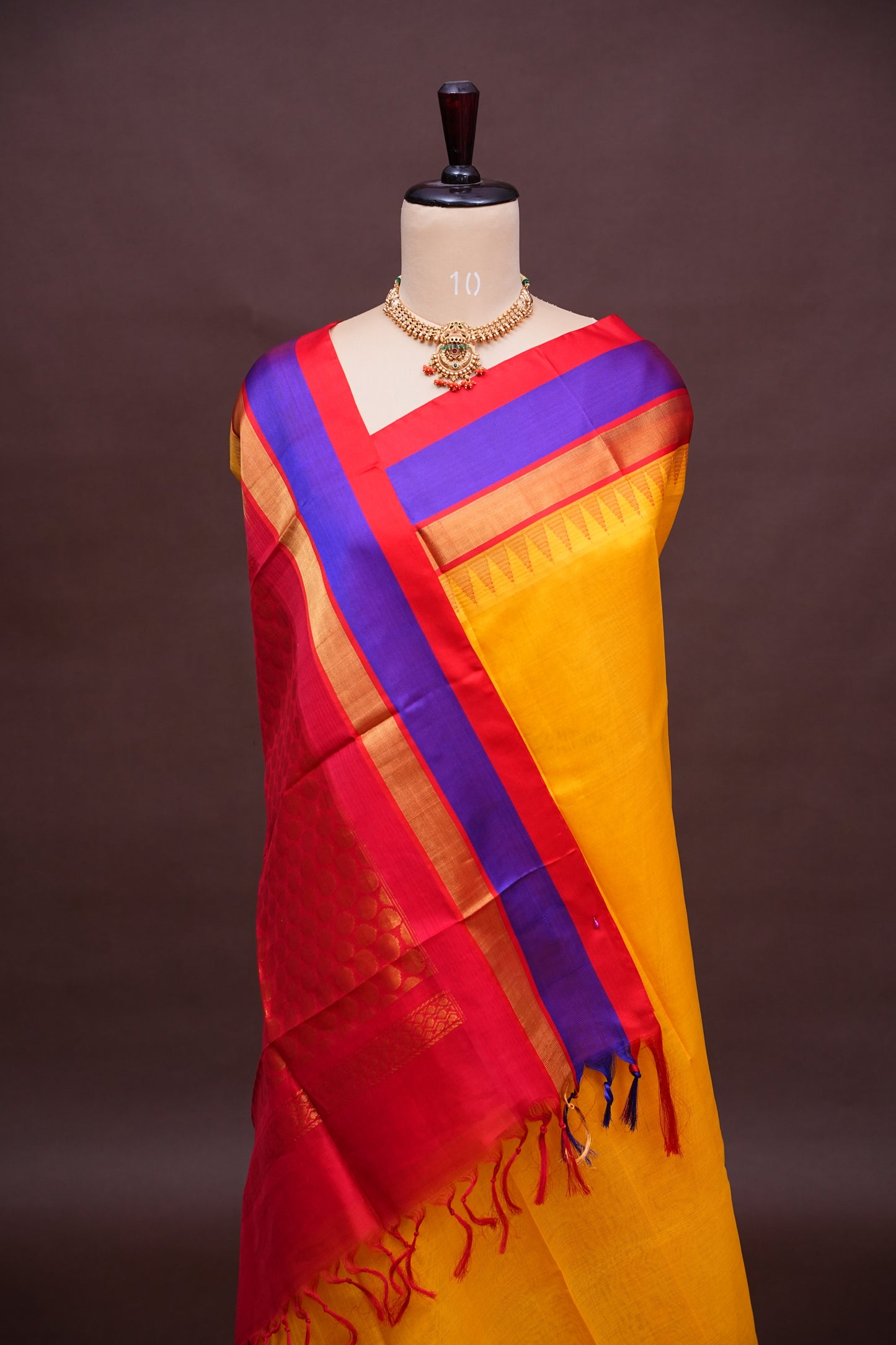Pure Kuppadam Korvai Pattu Saree-Yellow & Red