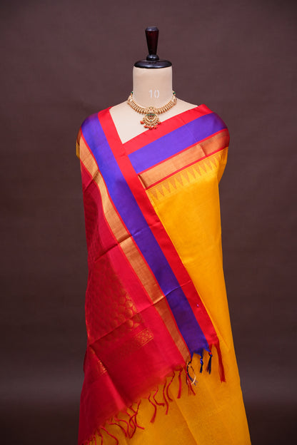 Pure Kuppadam Korvai Pattu Saree-Yellow & Red