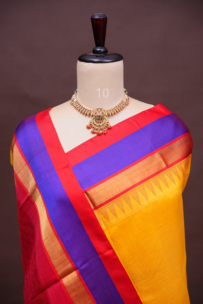 Pure Kuppadam Korvai Pattu Saree-Yellow & Red