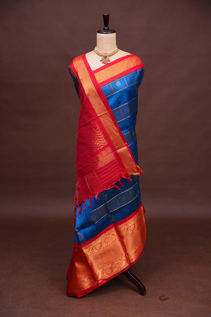 Pure Kuppadam Saree - Deep Blue with Red