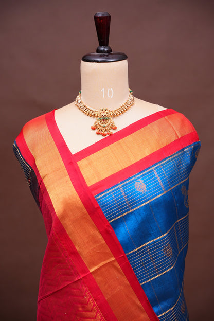Pure Kuppadam Saree - Deep Blue with Red