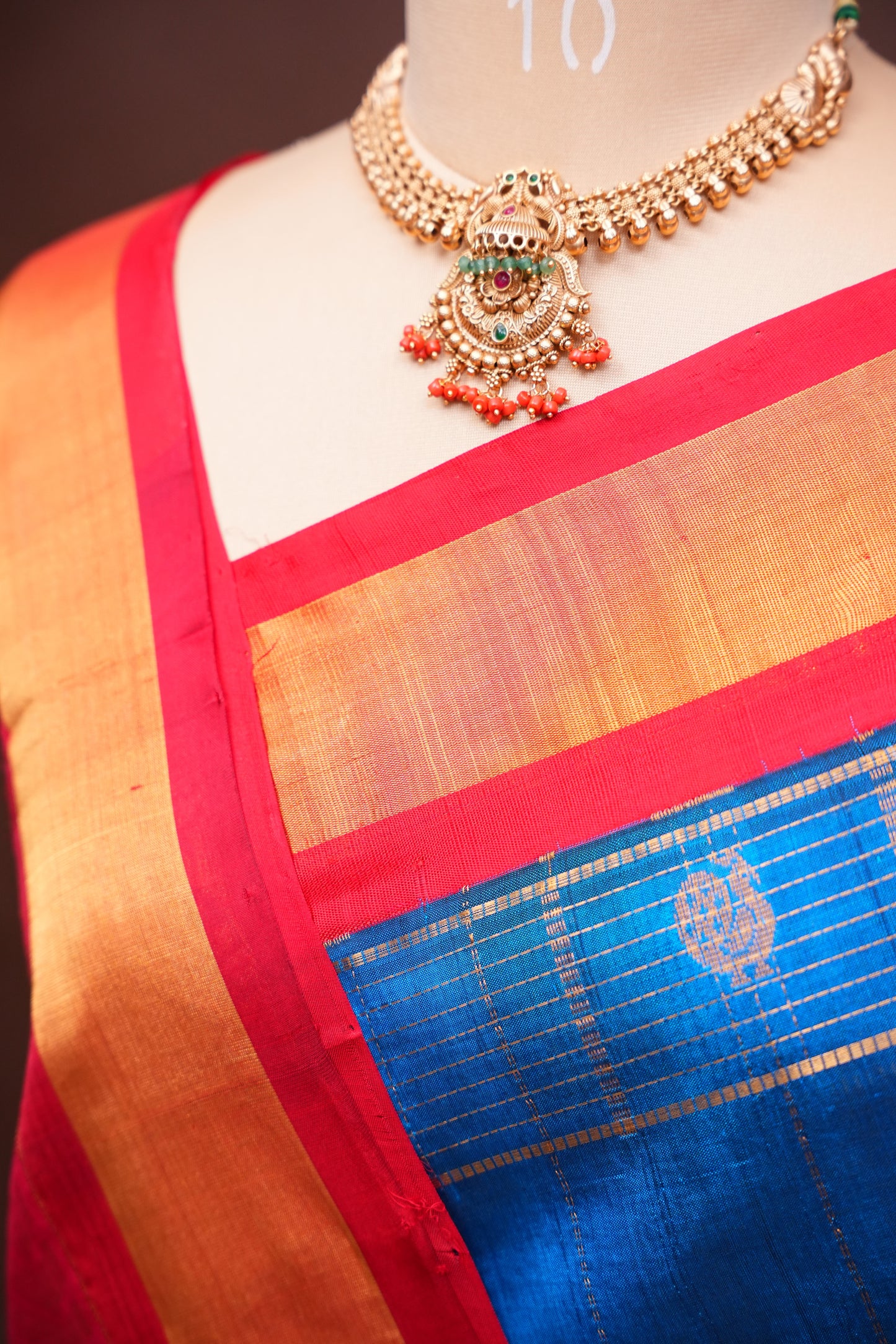 Pure Kuppadam Saree - Deep Blue with Red