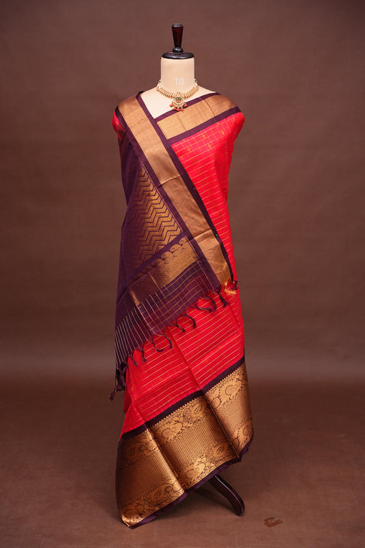 Pure Kuppadam Saree - Red with Chocolate Brown