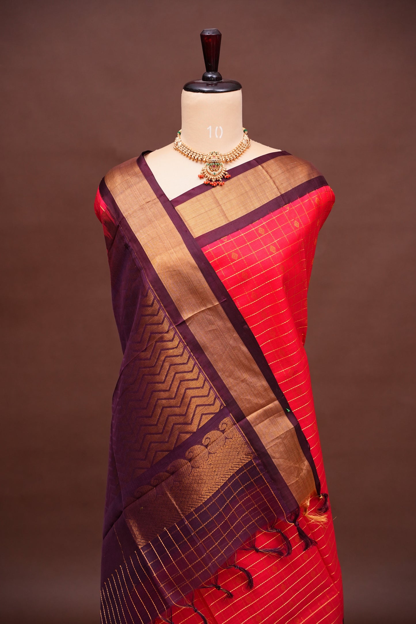 Pure Kuppadam Saree - Red with Chocolate Brown