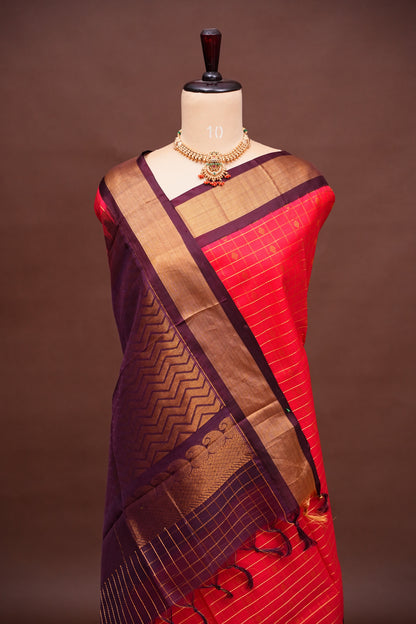 Pure Kuppadam Saree - Red with Chocolate Brown
