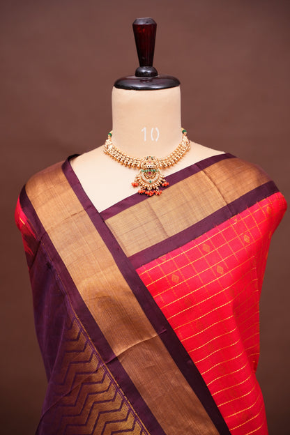 Pure Kuppadam Saree - Red with Chocolate Brown