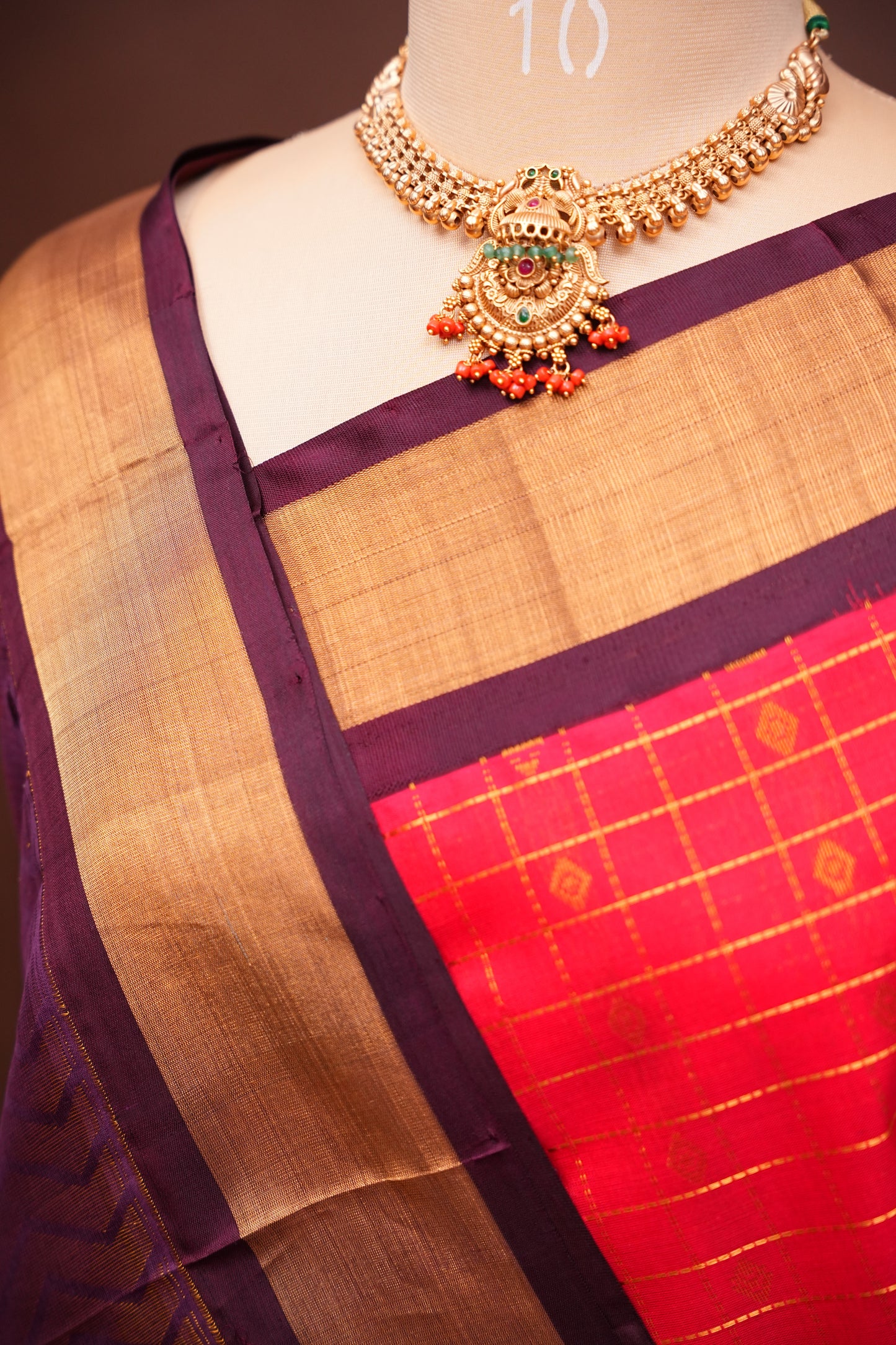 Pure Kuppadam Saree - Red with Chocolate Brown