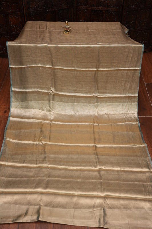 Pure Organza Tissue Banarasi Silk Saree – Antique Gold with Aqua Blue Border | Silk Mark Certified