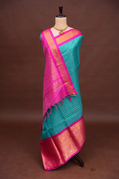 Pure Kuppadam Saree - Teal Green with Pink