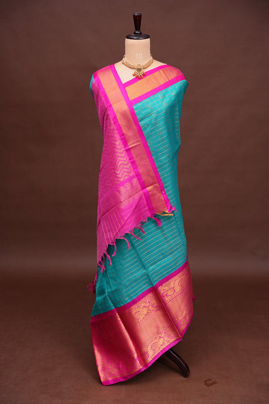 Pure Kuppadam Saree - Teal Green with Pink