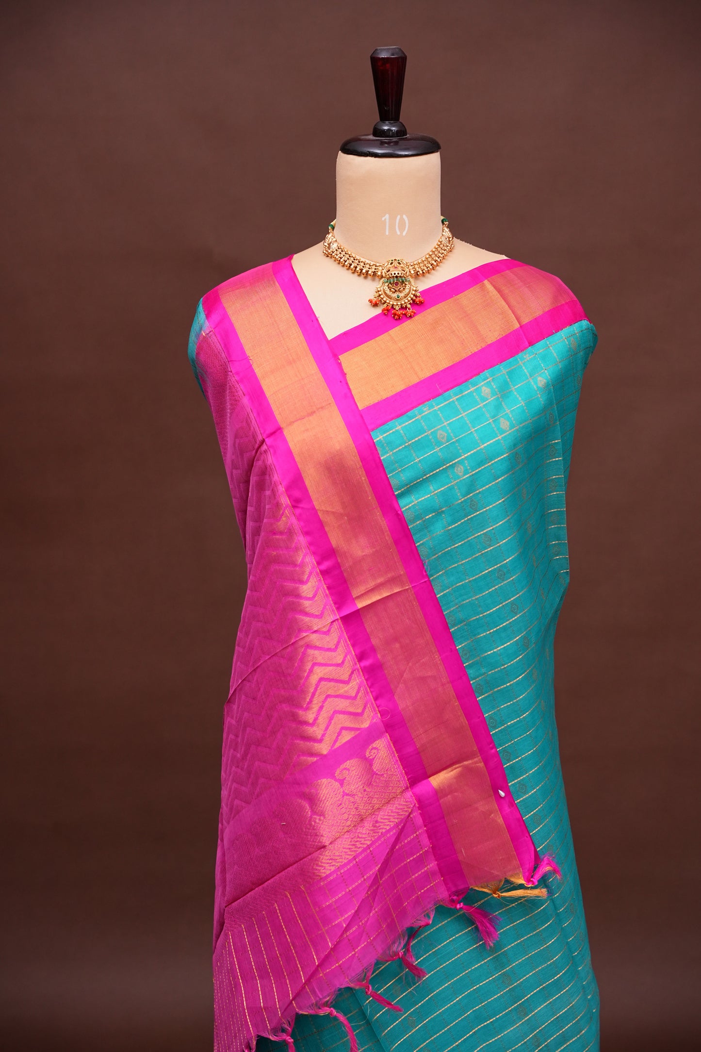 Pure Kuppadam Saree - Teal Green with Pink