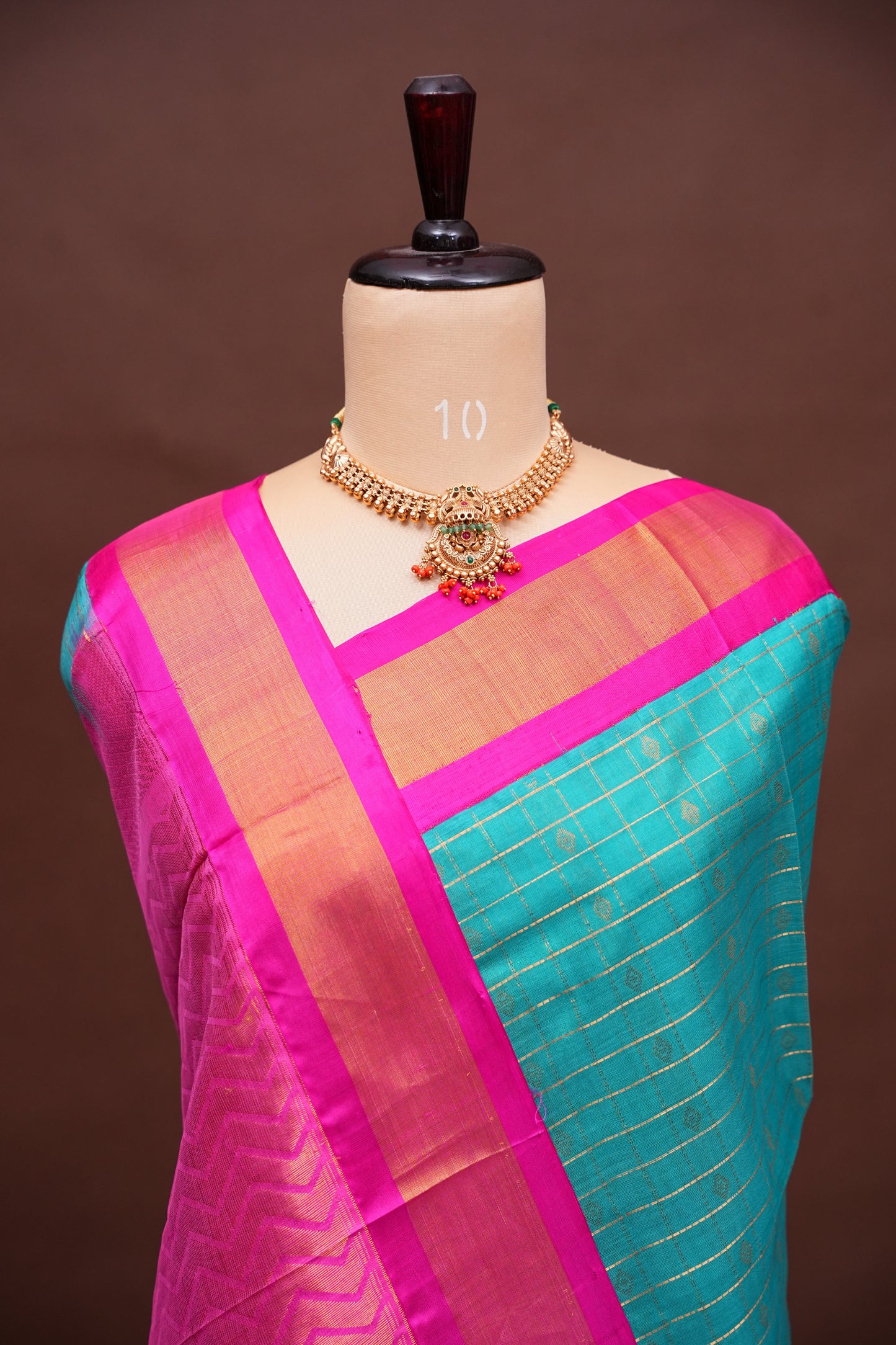 Pure Kuppadam Saree - Teal Green with Pink