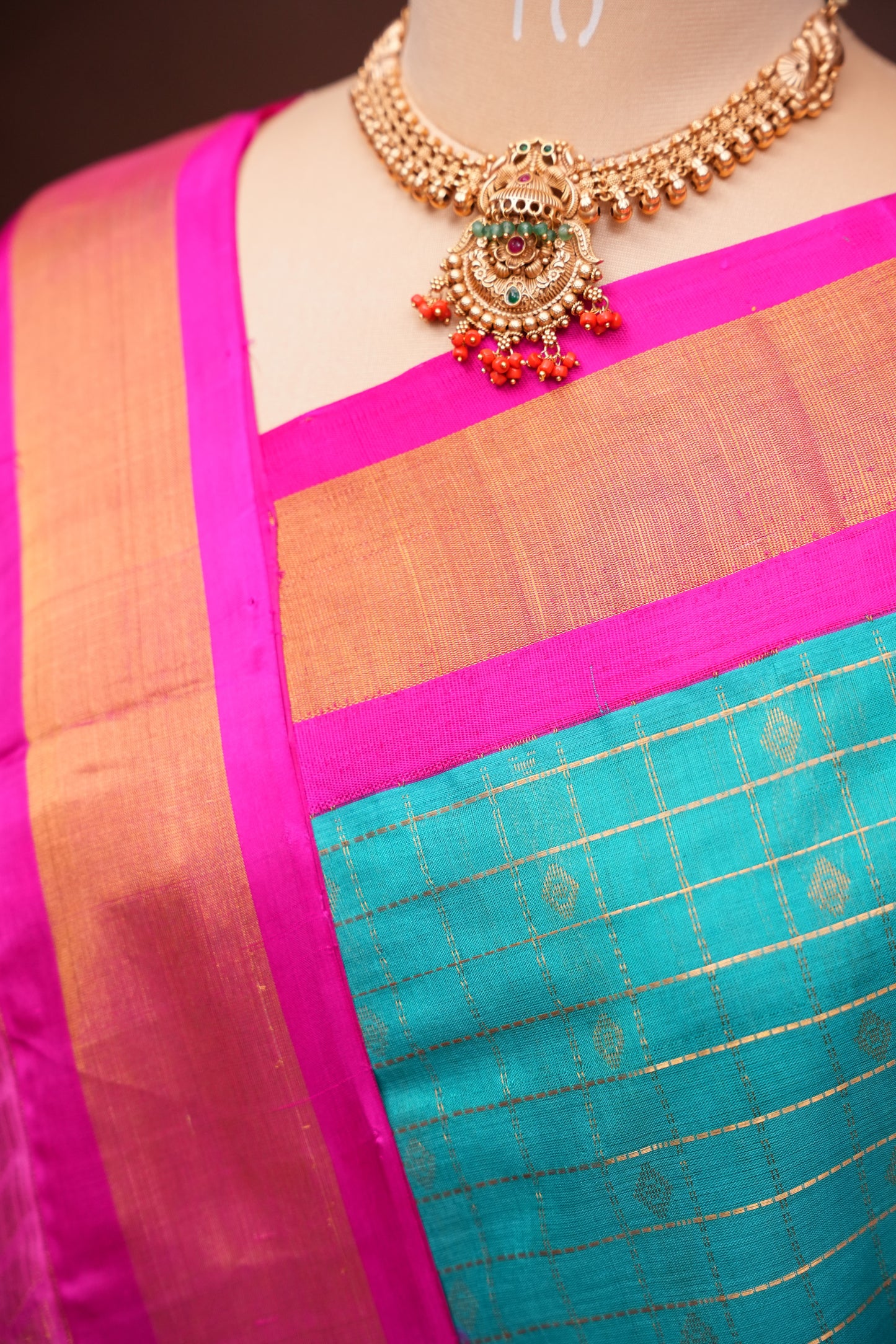 Pure Kuppadam Saree - Teal Green with Pink