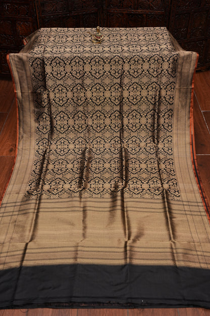 Pure Handloom Silk Katan Banaras Saree-Black|Silk Mark Certified