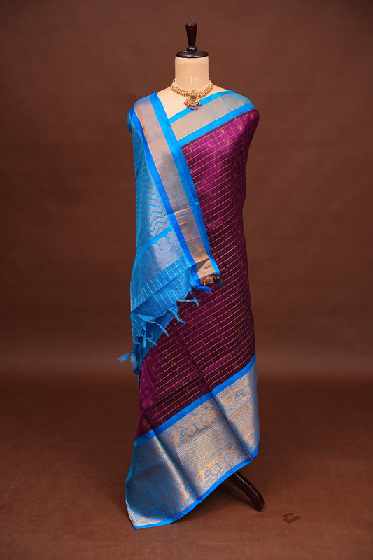Pure Kuppadam Saree - Wine with Copper Sulphate Blue