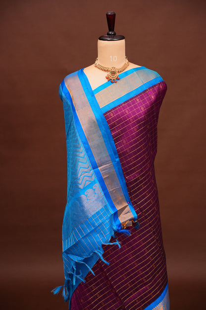 Pure Kuppadam Saree - Wine with Copper Sulphate Blue
