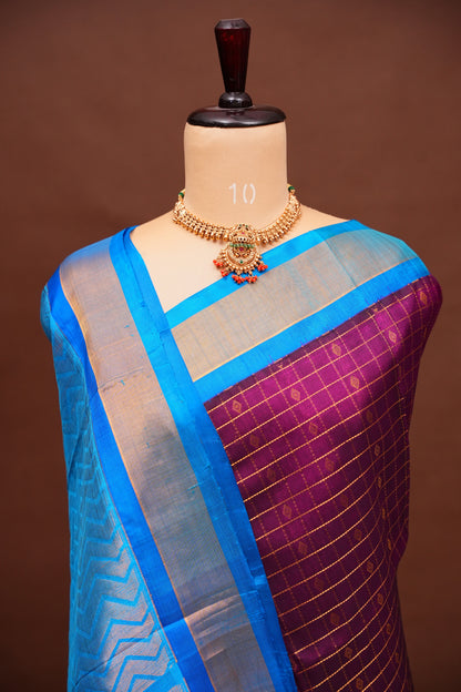 Pure Kuppadam Saree - Wine with Copper Sulphate Blue