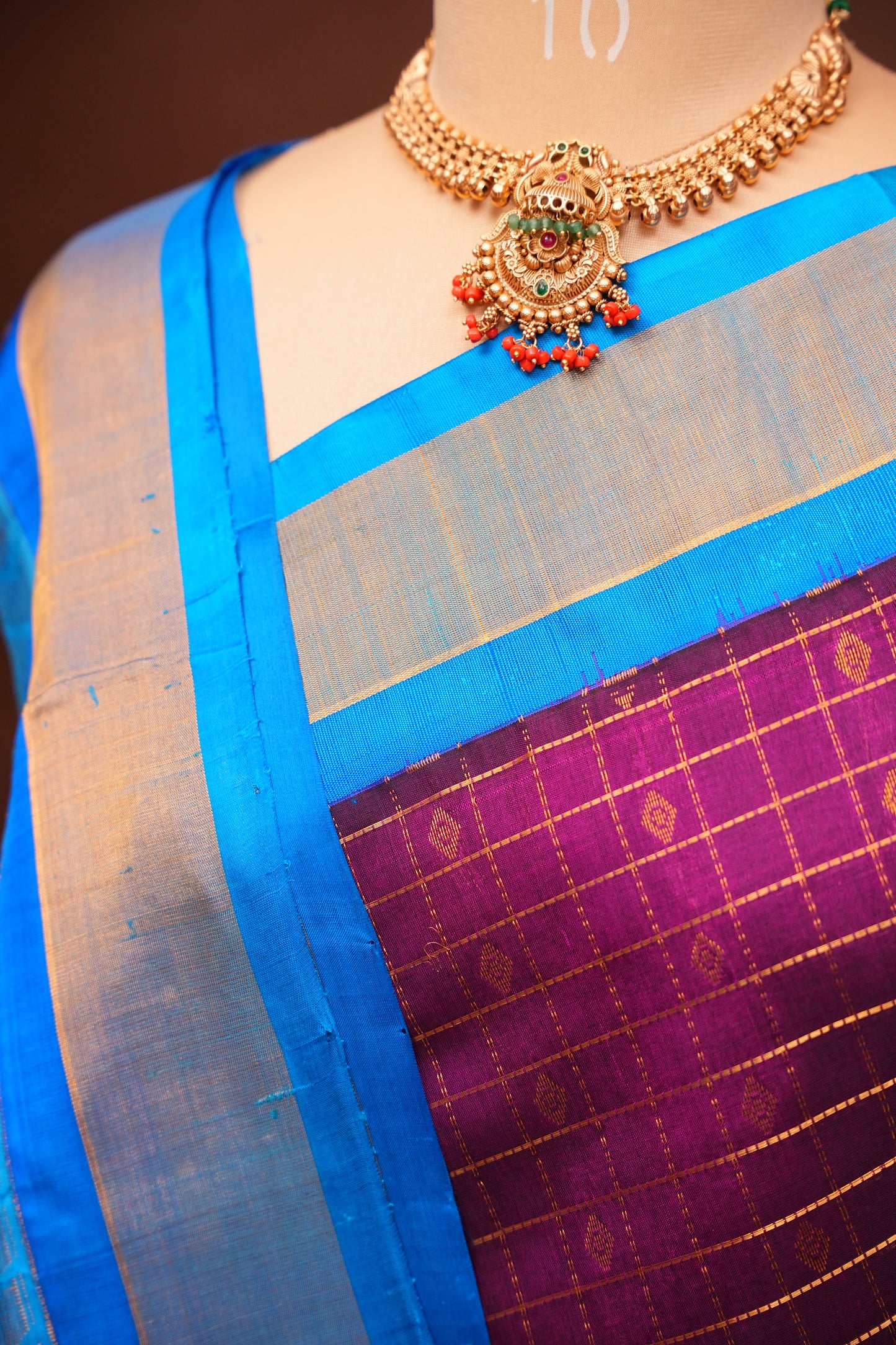 Pure Kuppadam Saree - Wine with Copper Sulphate Blue