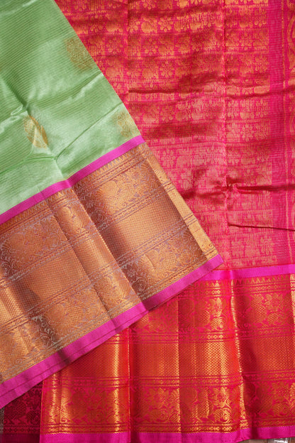 Mangalgiri Kuppadam Pattu Saree - Pistachio & Pink
