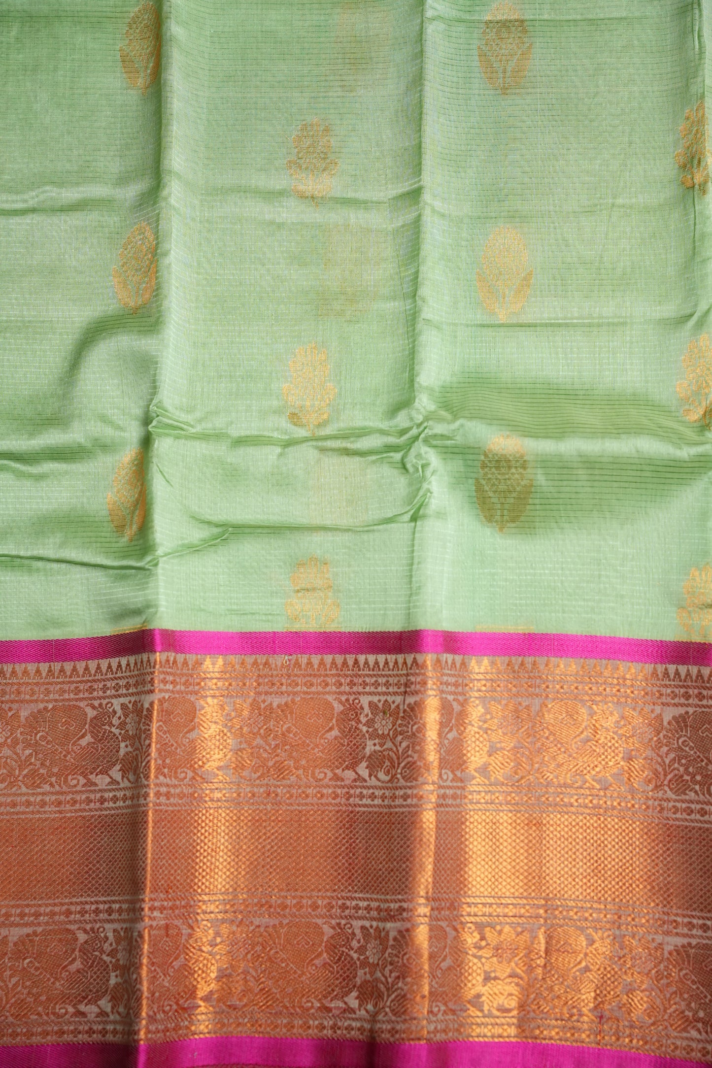 Mangalgiri Kuppadam Pattu Saree - Pistachio & Pink