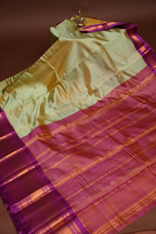 Tissue Mangalgiri Kuppadam Pattu Saree - Champagne Gold and Pink