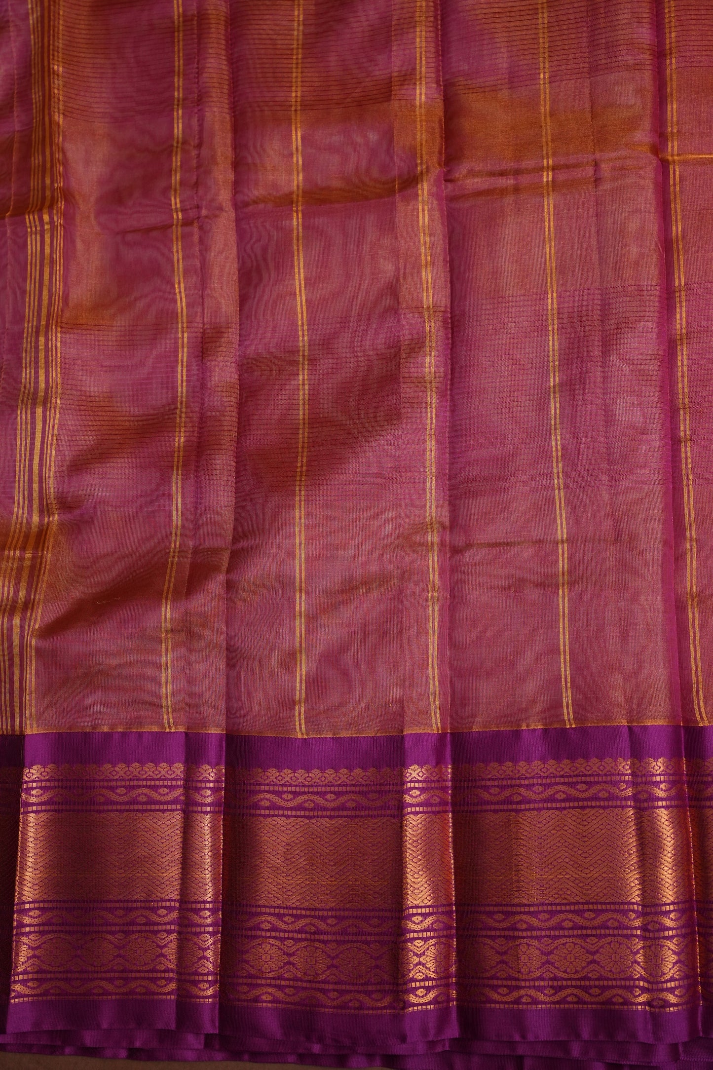 Tissue Mangalgiri Kuppadam Pattu Saree - Champagne Gold and Pink