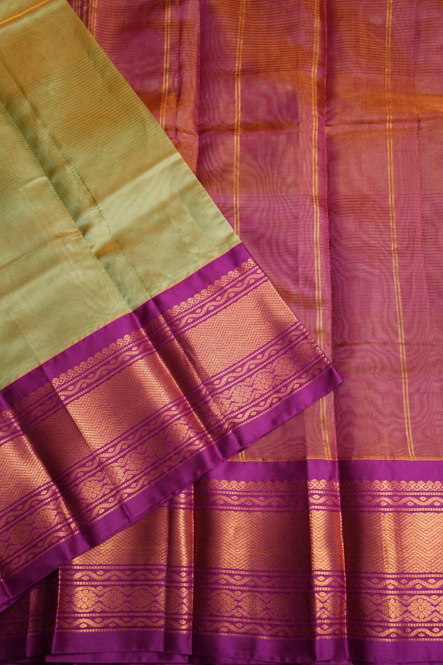 Tissue Mangalgiri Kuppadam Pattu Saree - Champagne Gold and Pink