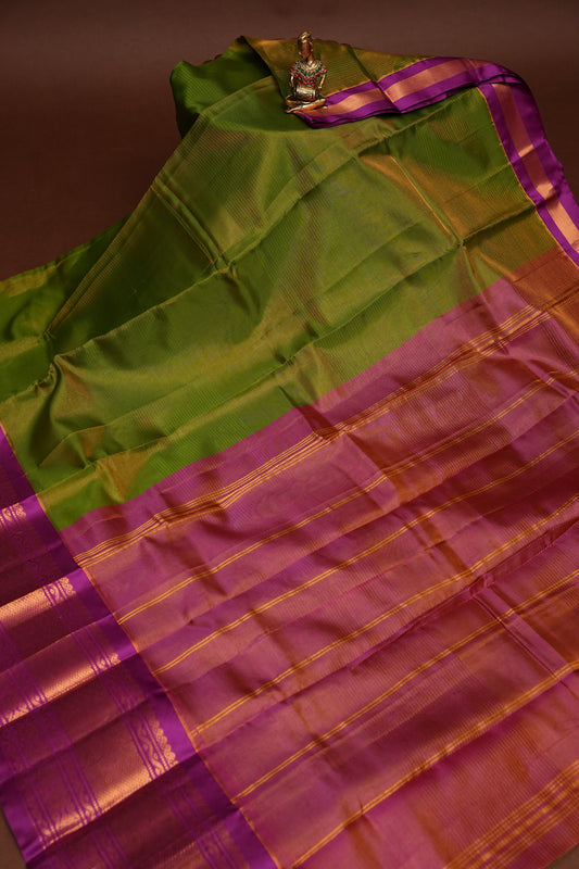 Tissue Mangalgiri Kuppadam Pattu Saree - Parrot Green and Pink