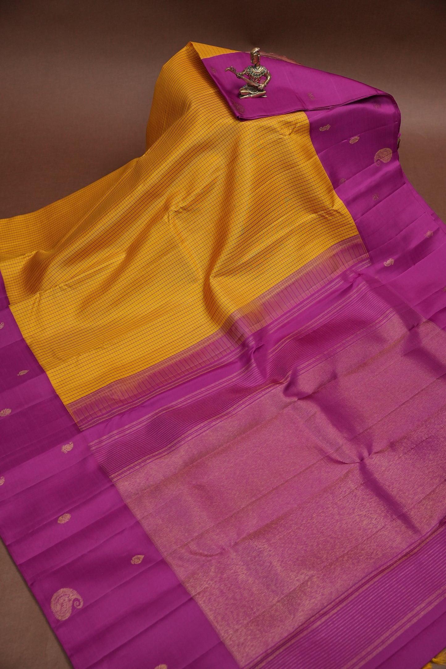 Mustard Yellow & Magenta Pure Kanchipuram Silk Saree | Silk Mark Certified
