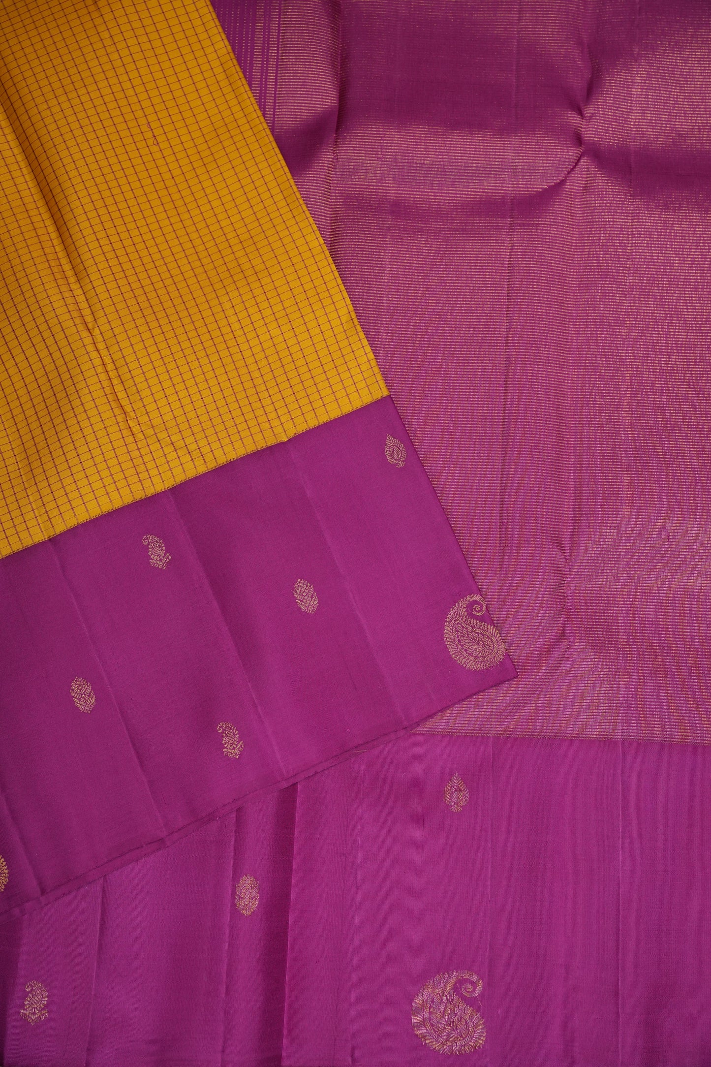 Mustard Yellow & Magenta Pure Kanchipuram Silk Saree | Silk Mark Certified