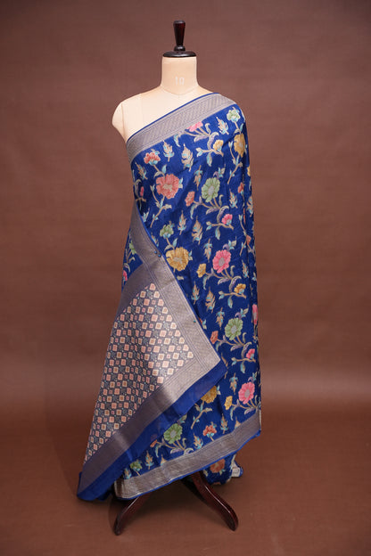 Tussar Banarasi Raw Silk Saree with Floral Paithani Weaves – Peacock Blue