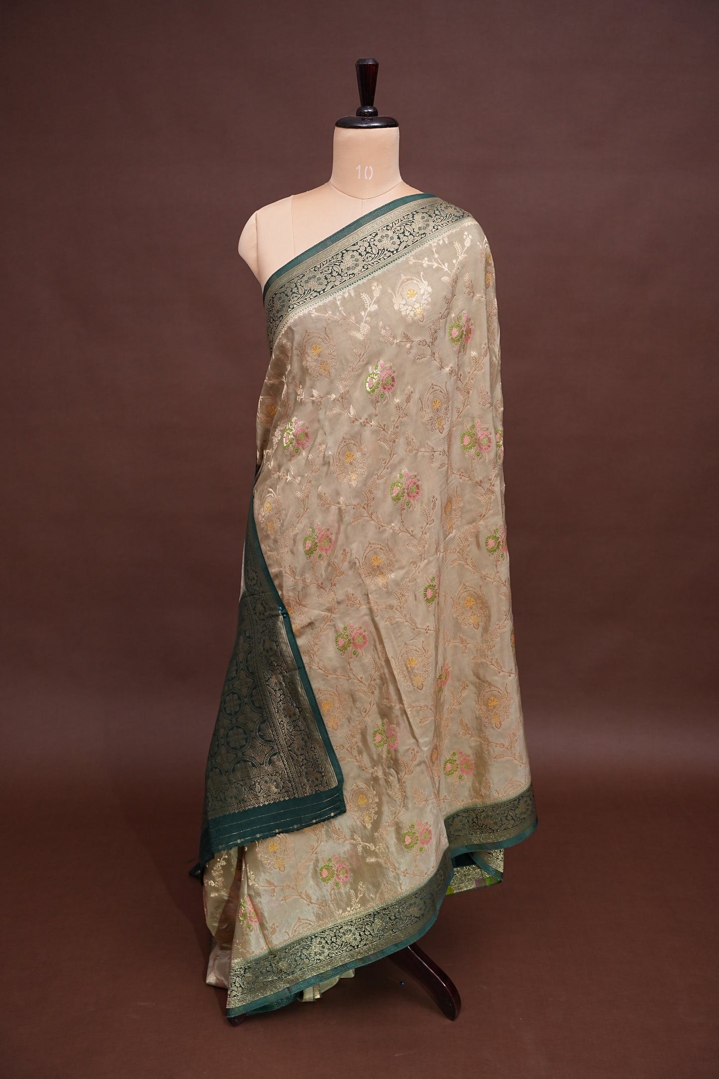 Banarasi Munga Silk Saree - Champagne Gold & Emerald green