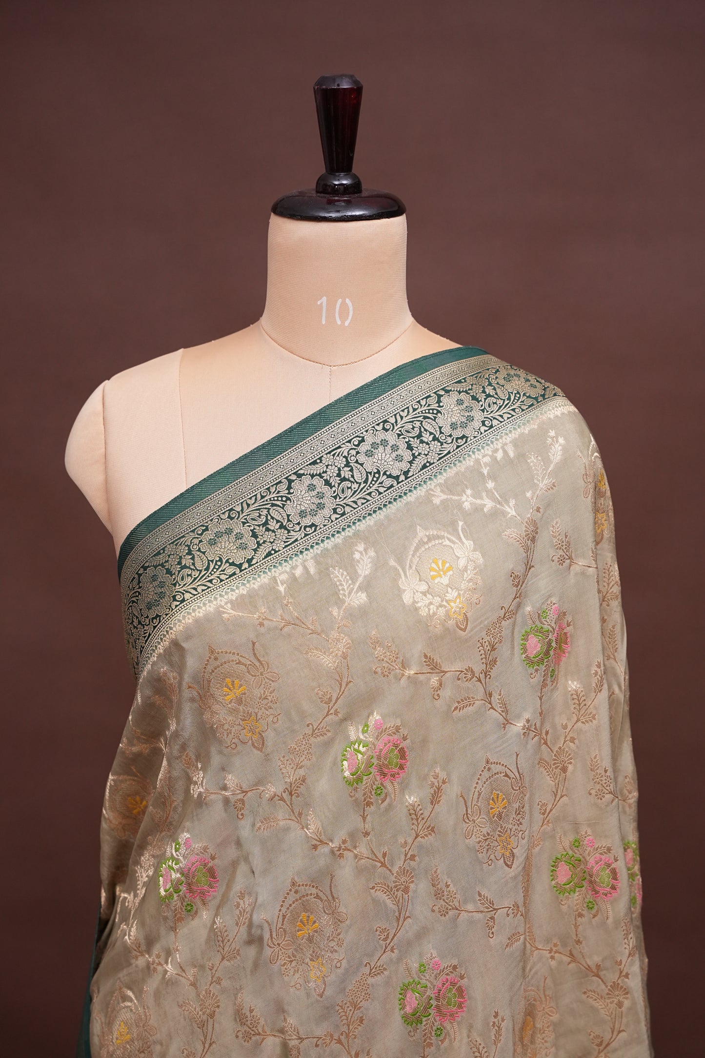Banarasi Munga Silk Saree - Champagne Gold & Emerald green