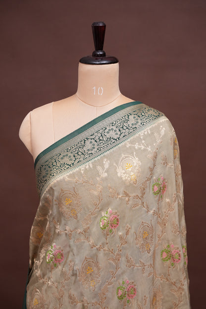 Banarasi Munga Silk Saree - Champagne Gold & Emerald green