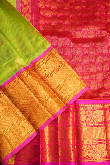 Mangalgiri Kuppadam Pattu Saree - Parrot Green & Pink