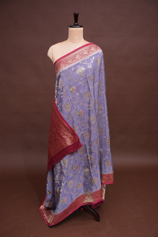 Banarasi Munga Silk Saree - Lavender & Maroon