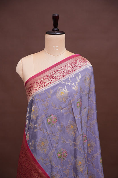 Banarasi Munga Silk Saree - Lavender & Maroon