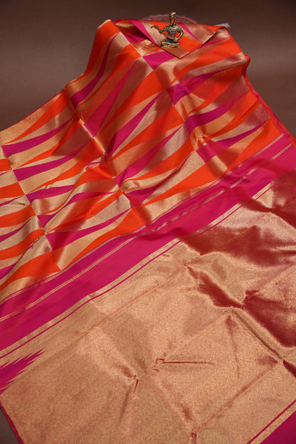 Hot Pink & Vermilion Orange Pure Kanchipuram Silk Saree | Silk Mark Certified