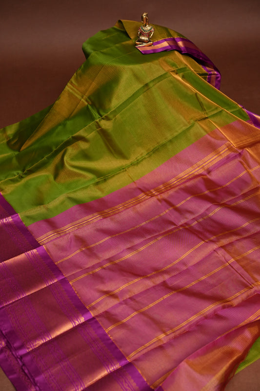 Tissue Mangalgiri Kuppadam Pattu Saree - Parrot Green and Pink