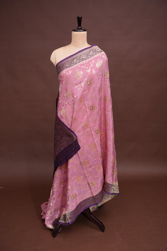 Banarasi Munga Silk Saree - Rose Pink & Deep Purple