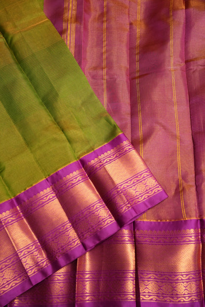 Tissue Mangalgiri Kuppadam Pattu Saree - Parrot Green and Pink