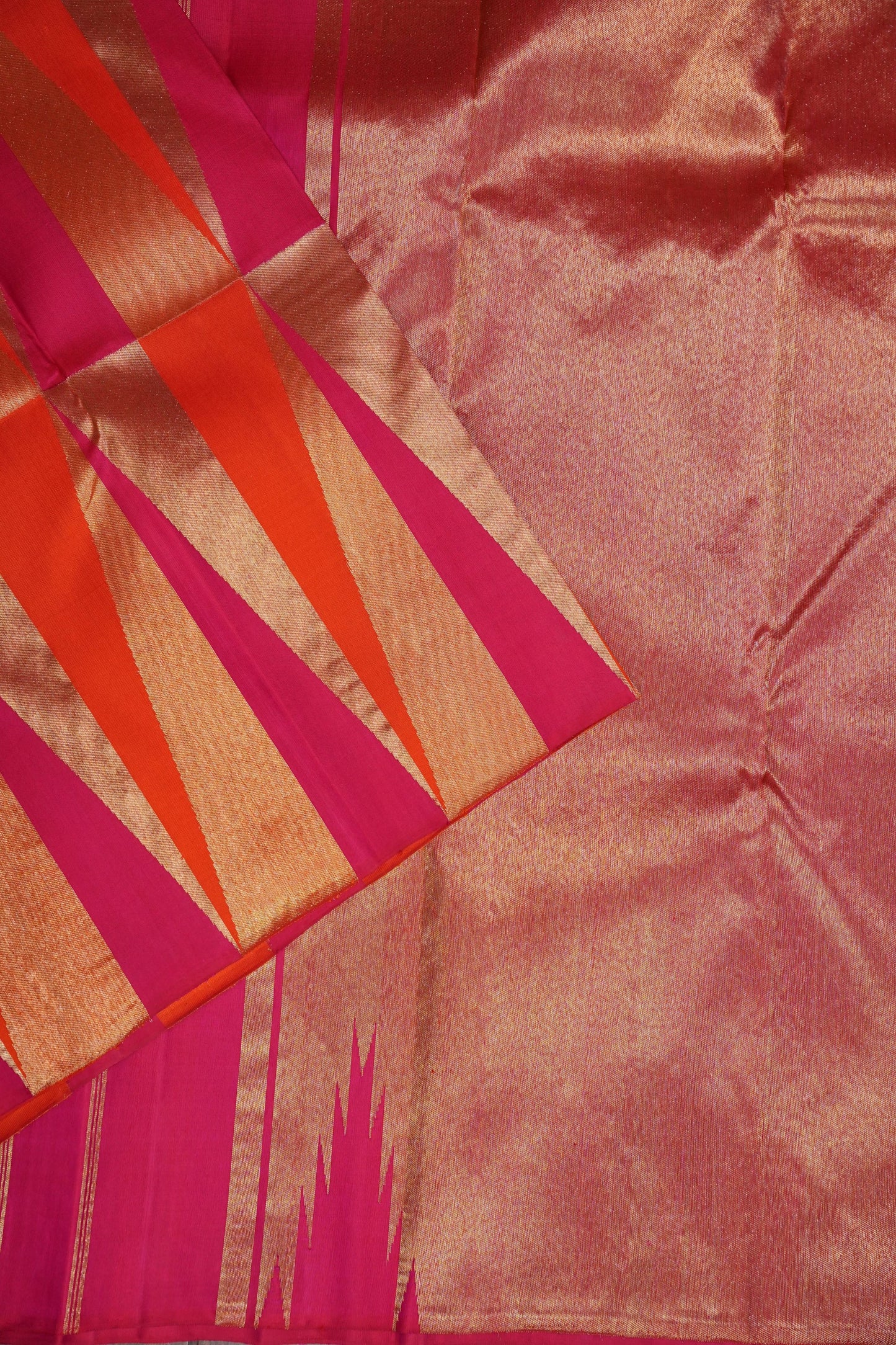 Hot Pink & Vermilion Orange Pure Kanchipuram Silk Saree | Silk Mark Certified