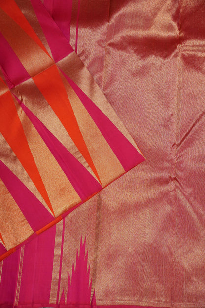 Hot Pink & Vermilion Orange Pure Kanchipuram Silk Saree | Silk Mark Certified