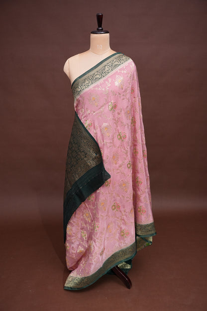 Banarasi Munga Silk Saree - Baby Pink & Bottle Green