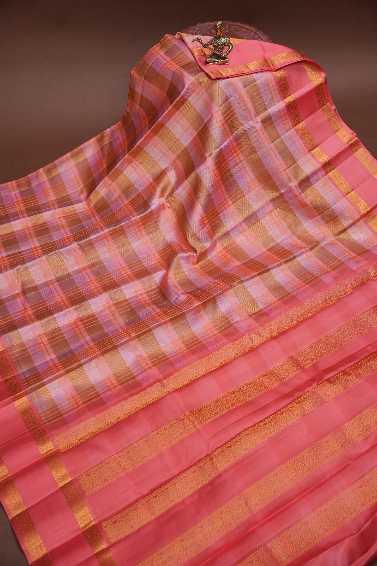Peach Pink Checked Pure Kanchipuram Silk Saree | Silk Mark Certified