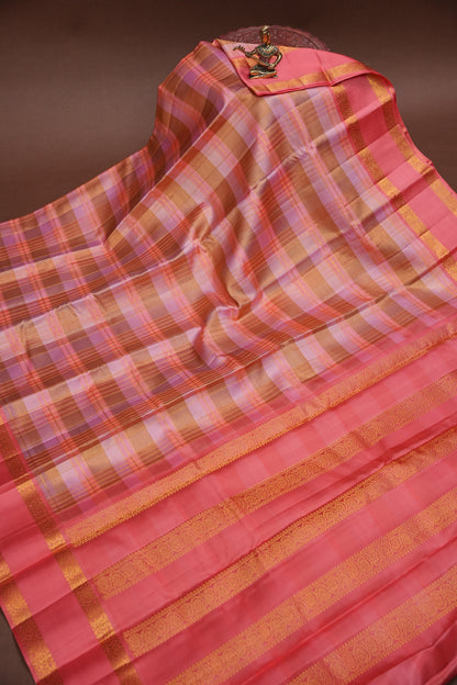 Peach Pink Checked Pure Kanchipuram Silk Saree | Silk Mark Certified