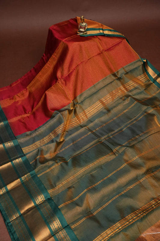 Tissue Mangalgiri Kuppadam Pattu Saree - Rust Orange and Green