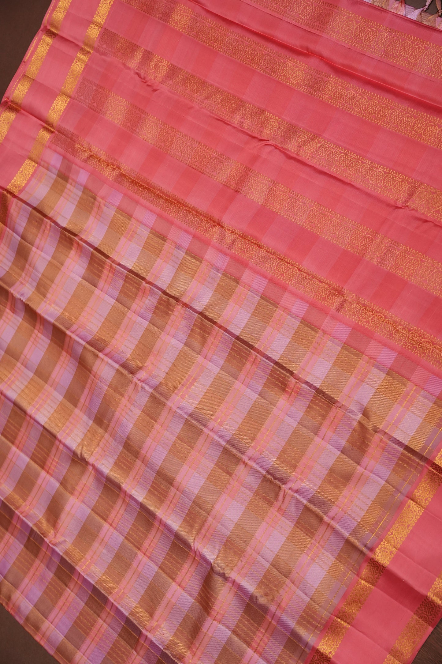 Peach Pink Checked Pure Kanchipuram Silk Saree | Silk Mark Certified
