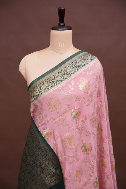 Banarasi Munga Silk Saree - Baby Pink & Bottle Green