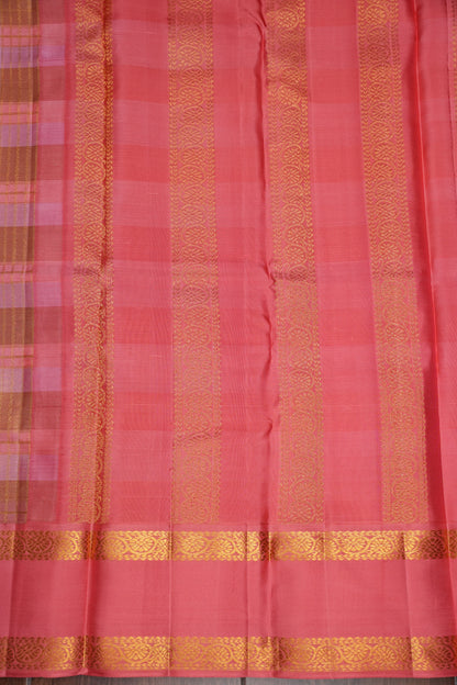 Peach Pink Checked Pure Kanchipuram Silk Saree | Silk Mark Certified